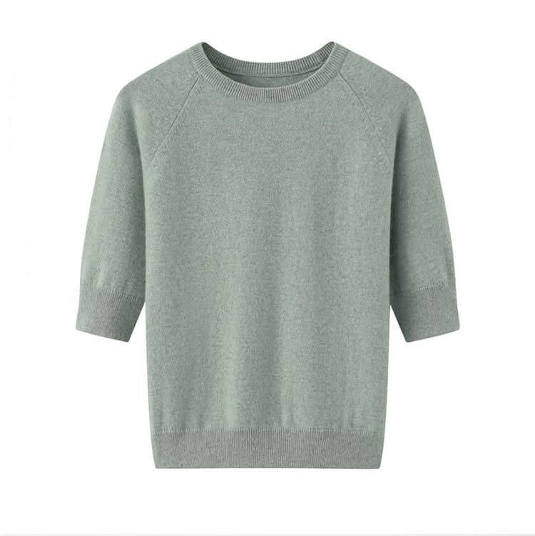 Women's cashmere crew neck T-shirt sweater in green color