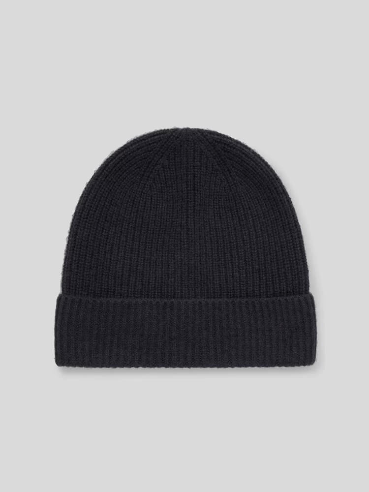 Men’s and Women’s Black Cashmere Knit Hat with Folded Cuff