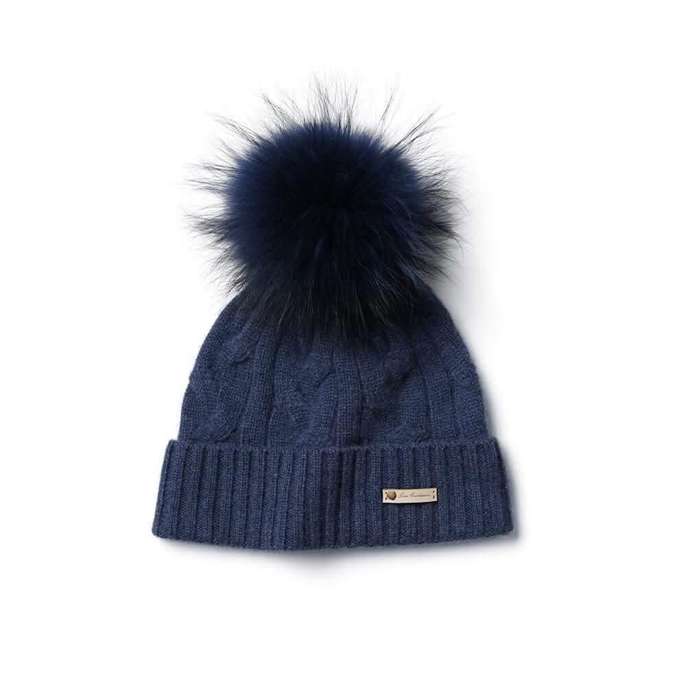 cashmere cable knitting beanie hats with pom pom in navy blue, luxury cashmere hat for women