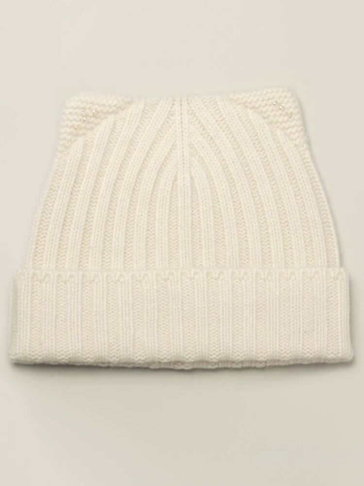 Cat Ear Pearl Cashmere ribbed Beanie Hat  in white