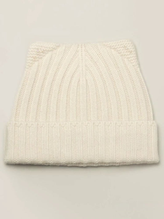 Cat Ear Pearl Cashmere ribbed Beanie Hat  in white