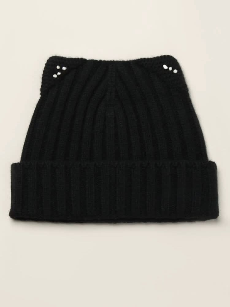 Cat Ear Pearl Cashmere ribbed Beanie Hat in black