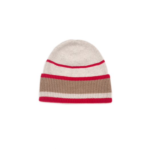 Knitted beanie with red and beige stripes Italian-Designed Colorful Knit Luxurious 100% Cashmere Beanie
