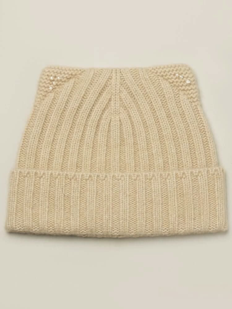 Cat Ear Pearl Cashmere ribbed Beanie Hat in beige 