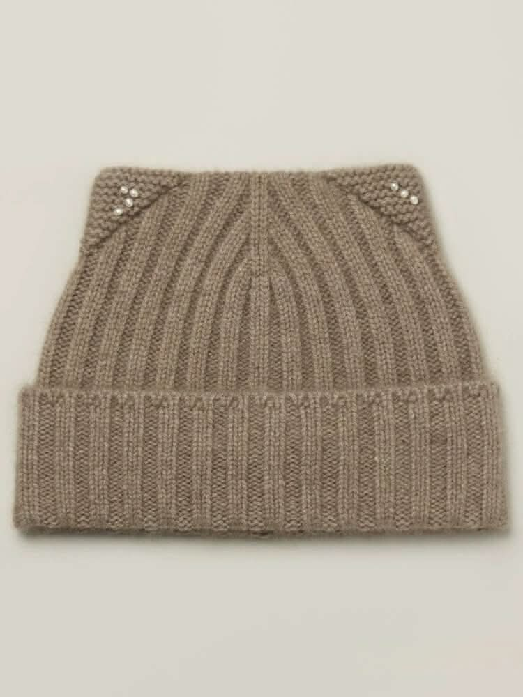 Cat Ear Pearl Cashmere ribbed Beanie Hat in camel 