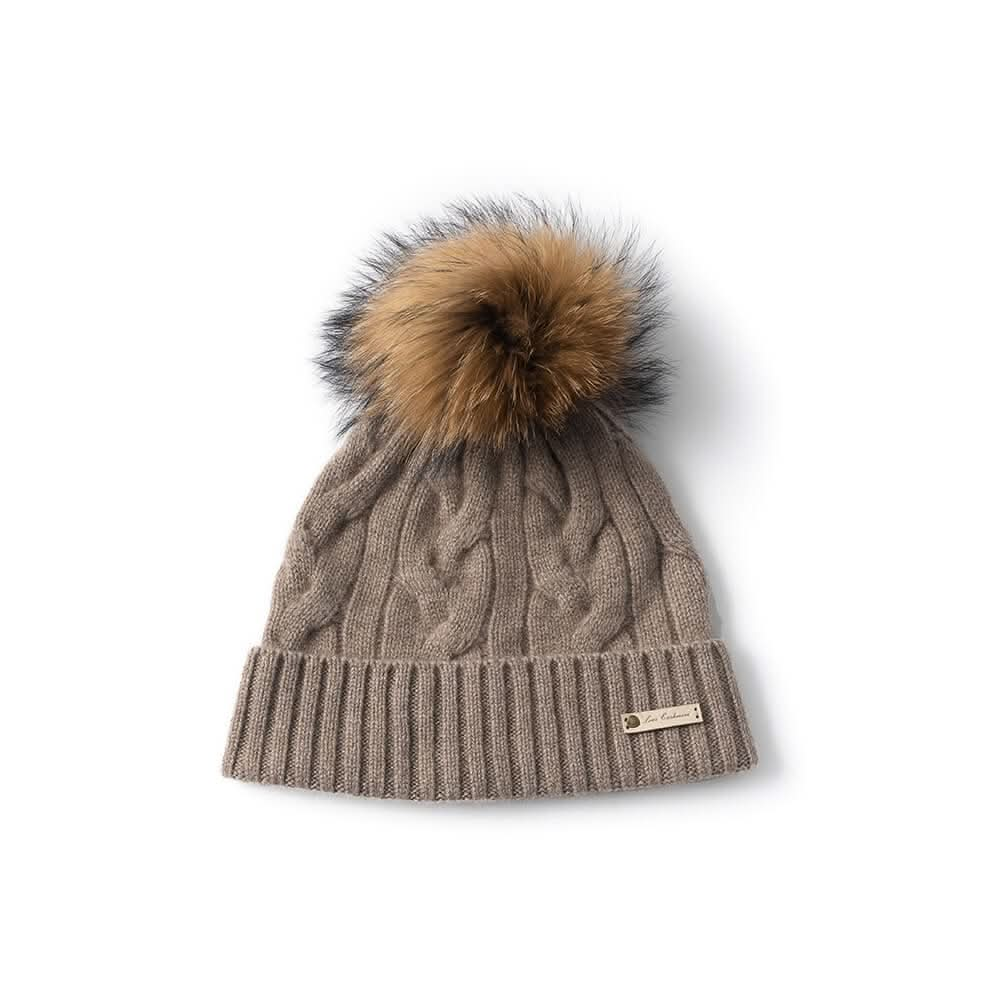 cashmere cable knitting beanie hats with pom pom in camel 