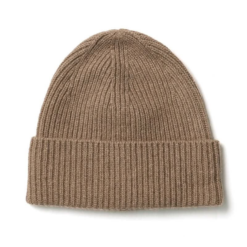 women's and men's cashmere ribbed beanie hats in camel. cashmere beanie men's