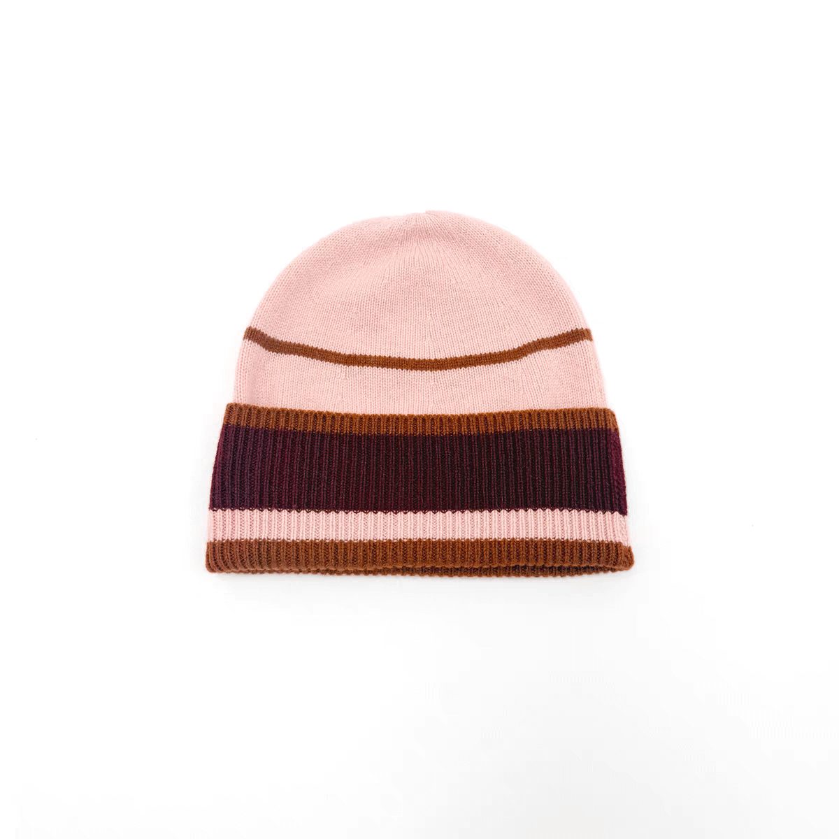 Pink beanie with brown stripes on a white background,Italian-Designed Colorful Knit Luxurious 100% Cashmere Beanie