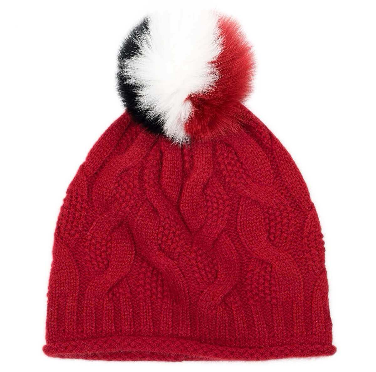 women' s cashmere cable knit pom pom beanie hat in red 