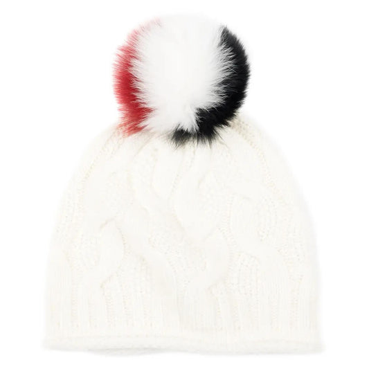 women' s cashmere cable knit pom pom beanie hat in white, the slouchy best cashmere beanie