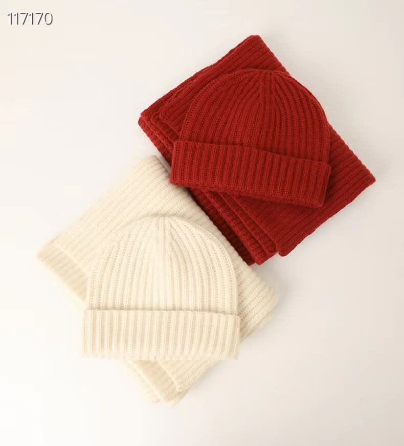 women's cashmere beanie hat and scarf set white color and red color