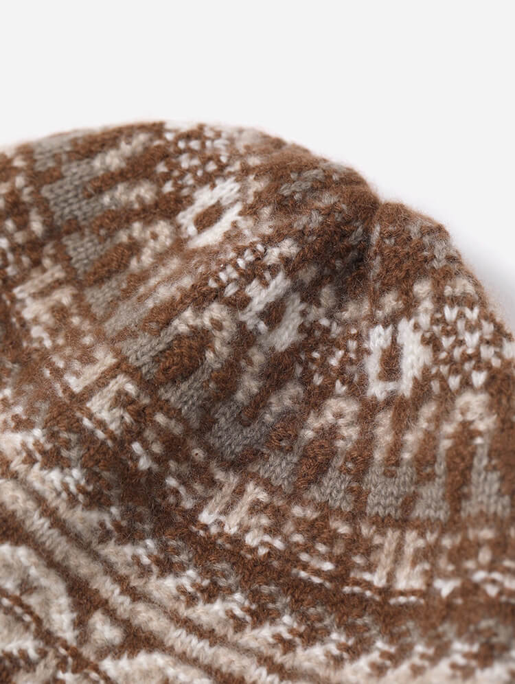 Toffee and white cashmere Fair Isle knit hat close-up