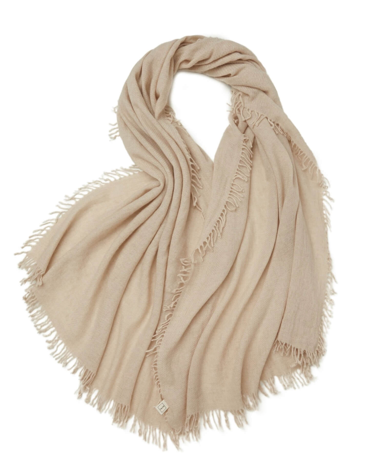100% cashmere twill weave shawl in beige with handmade fringes