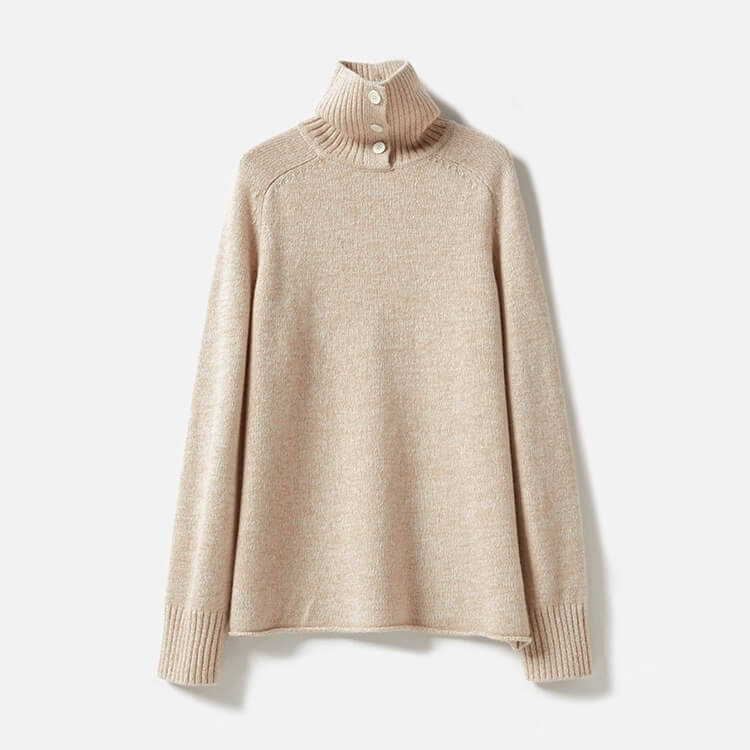 Women’s 100% cashmere sweater with folded rib collar and buttons in heather beige