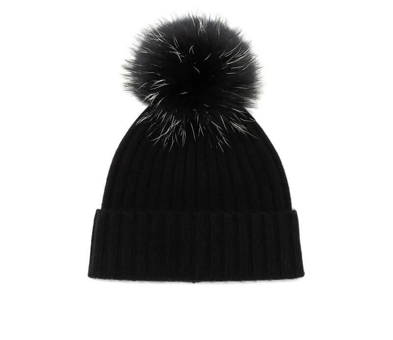 black knit 100% cashmere pom pom beanie hats for women. a must have cashmere cap in winter