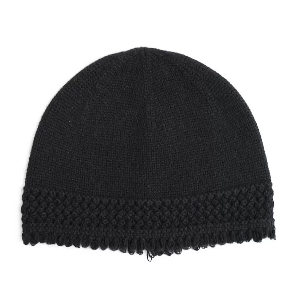 Women’s 100% cashmere knit  black hat with tassel edge – soft, warm winter beanie for women
