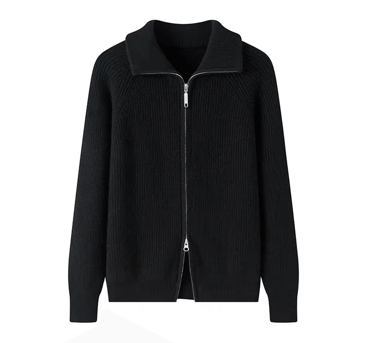 Luxury black cashmere rib-knit zip cardigan,	premium heavy cashmere knitwear