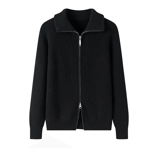 Luxury black cashmere rib-knit zip cardigan,	premium heavy cashmere knitwear