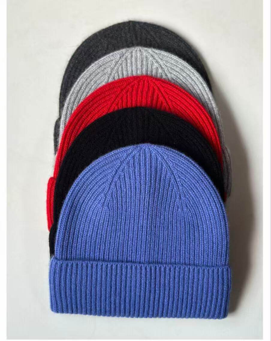Blue 100% Cashmere Ribbed Knit Beanie for Cold Weather