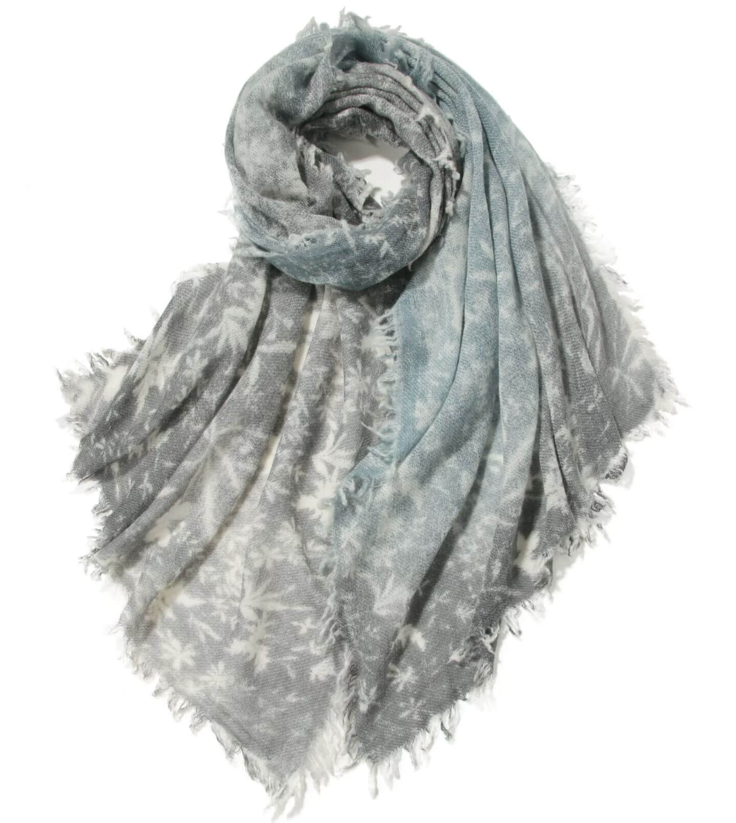 100% cashmere printed shawl with maple leaf design in gradient blue and gray