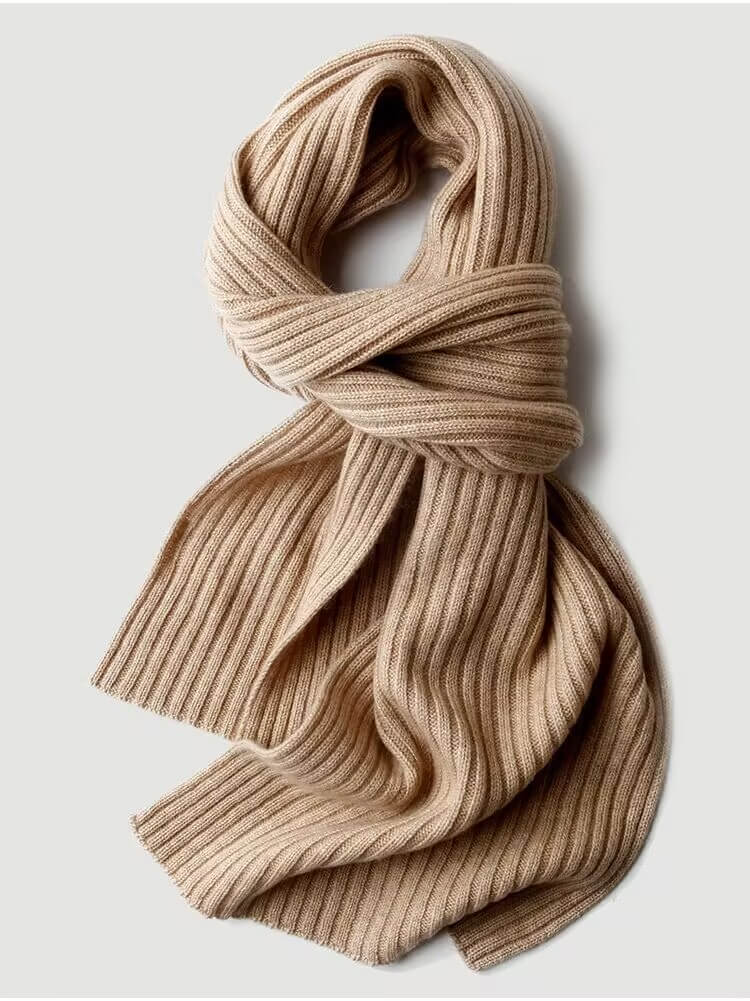 Luxurious Unisex 100% Cashmere Rib-Knit Scarf in camel 
