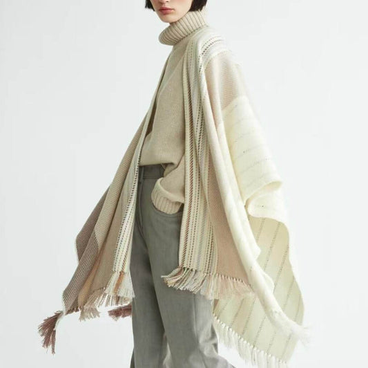 Luxury 100% Cashmere Shawl Cape for Women in beige color 