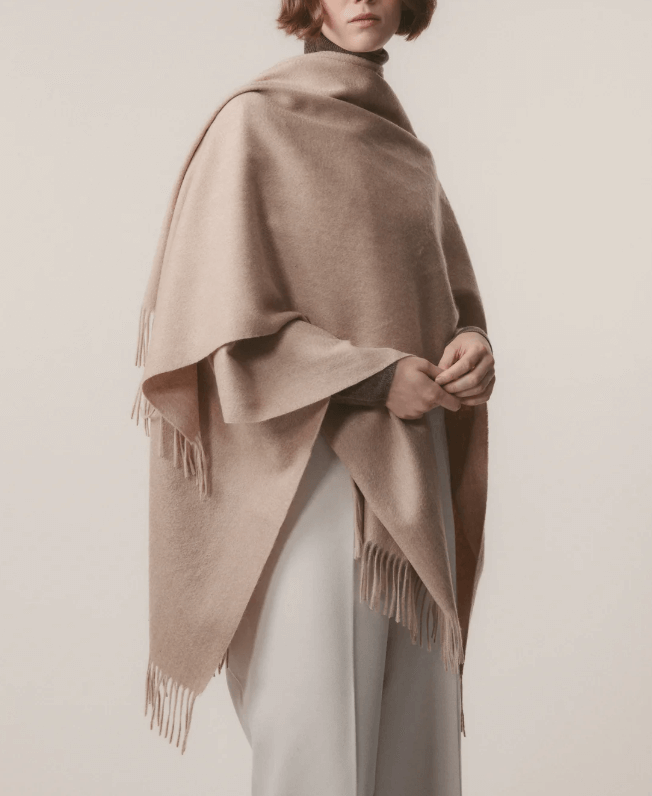100% cashmere shawl cape in camel beige with U neckline