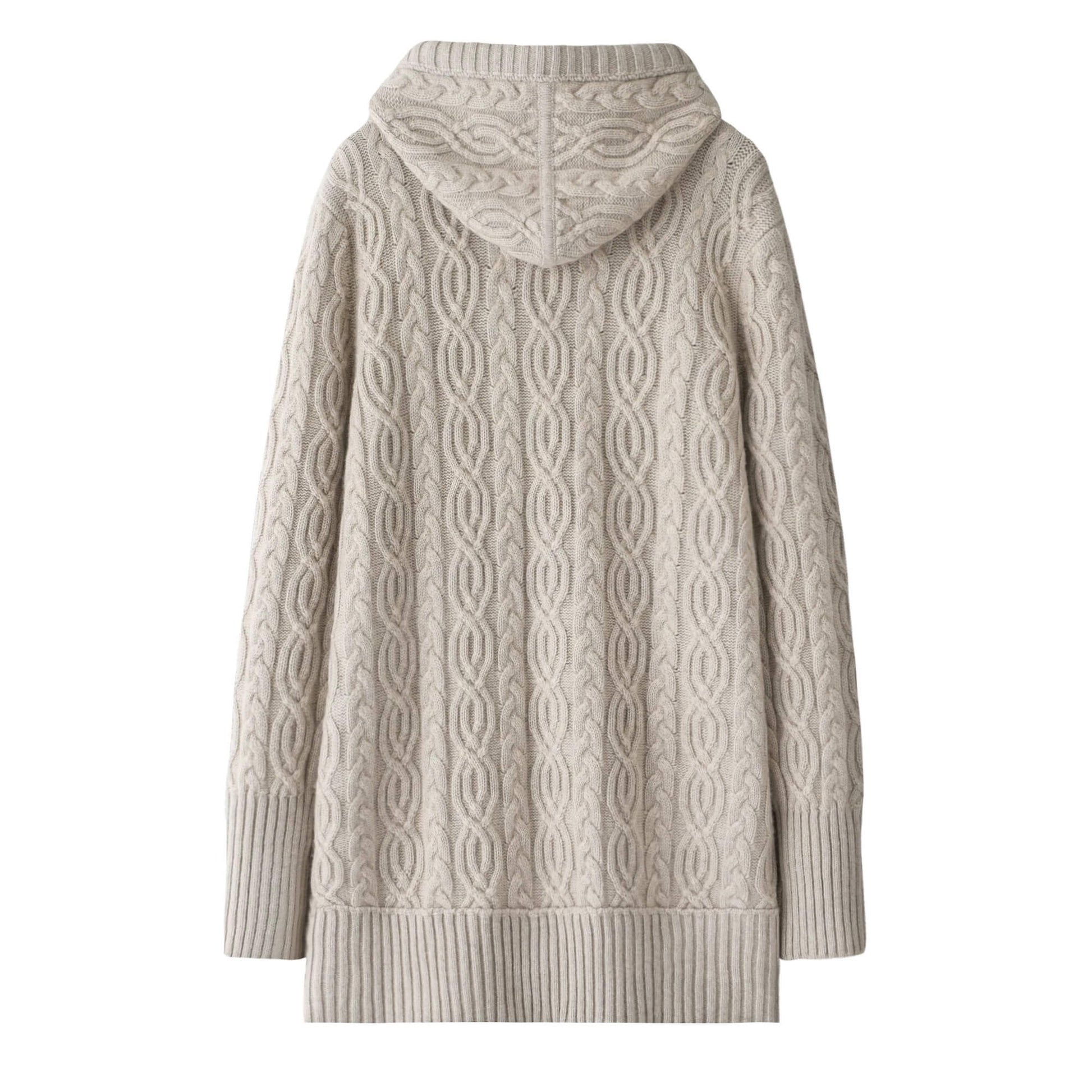 Beige cable knit 100% pure cashmere cardigan with a hood for women