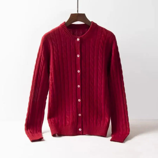 Luxury Women's 100% Cashmere Cable Knit Cardigan, Burgundy cashmere sweater