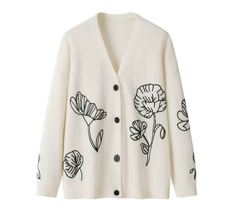 women's Cashmere V-Neck Cardigan with Floral Embroidery