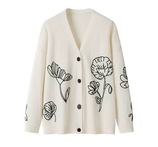 women's Cashmere V-Neck Cardigan with Floral Embroidery