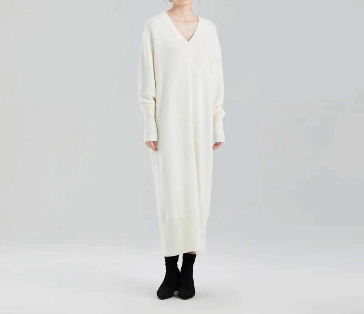 women's baby Cashmere V neck dress Sweater in white