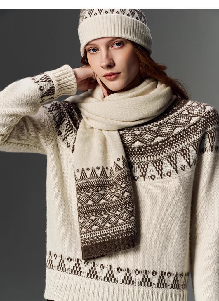 white 100% pure cashmere beanie,winter cashmere accessories,	Fair Isle knit cashmere hat
