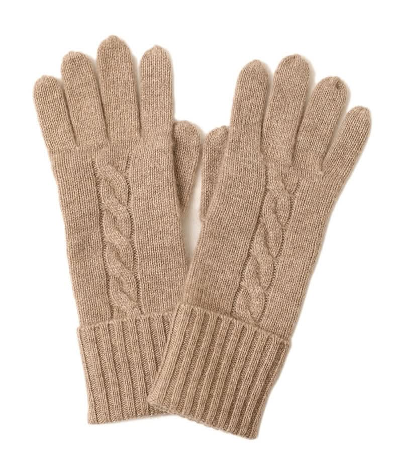 Women's 100% Pure Cashmere Cable Knit Gloves in camel oatmeal brown color, Warm Hands Warm Heart