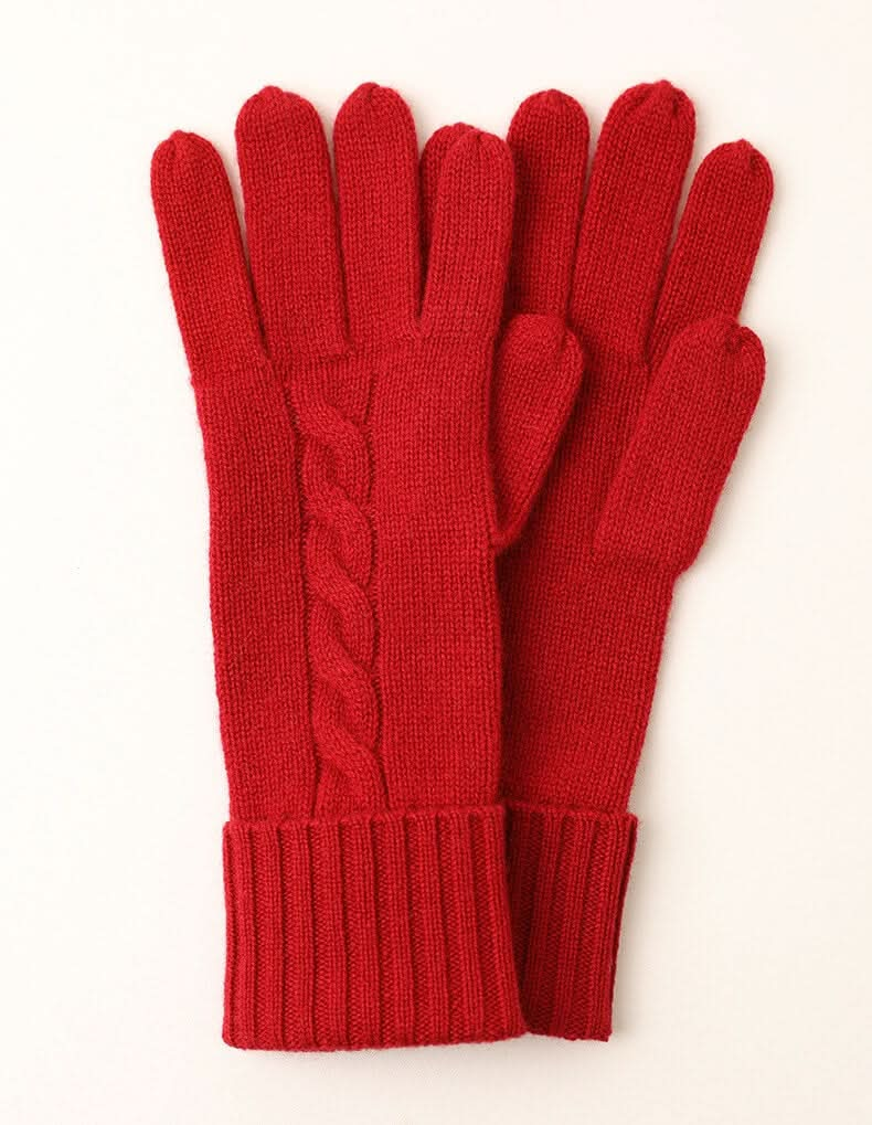 Women's 100% Pure Cashmere Cable Knit Gloves red color