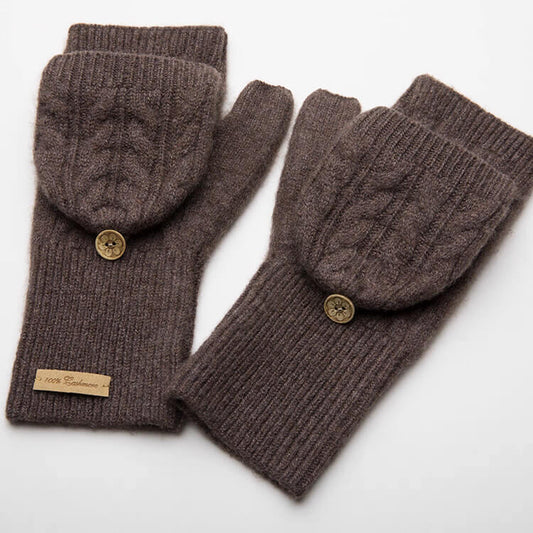 Women’s 100% Cashmere Convertible Mittens – Cable Knit Flip-Top Gloves for Winter Warmth