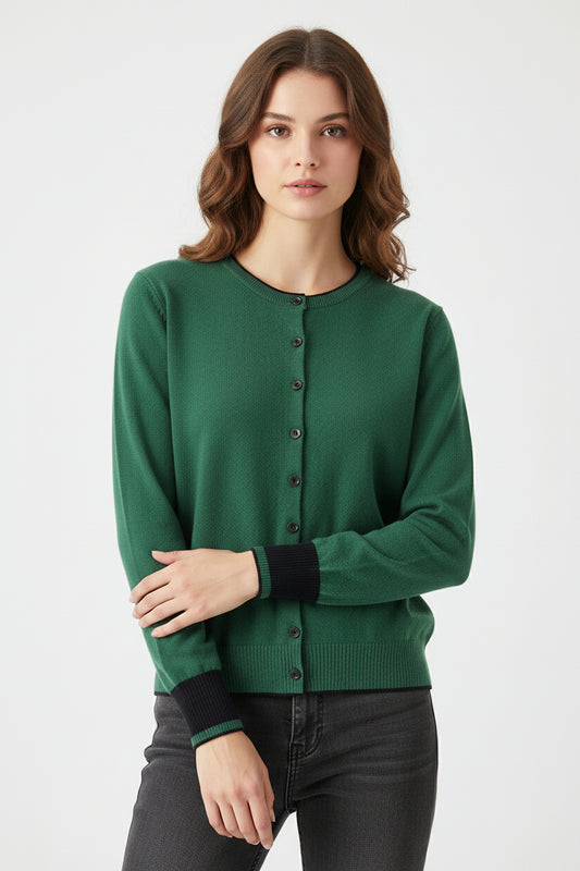 Women's 100% Cashmere Color-Block Cardigan in green