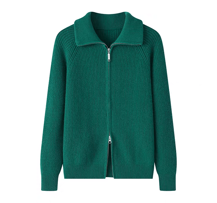 Christmas green cashmere rib-knit holiday cardigan,luxury cashmere zip cardigan