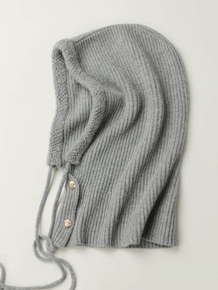 Women’s 100% Cashmere Ribbed Hoodie Balaclava with Gold Buckles