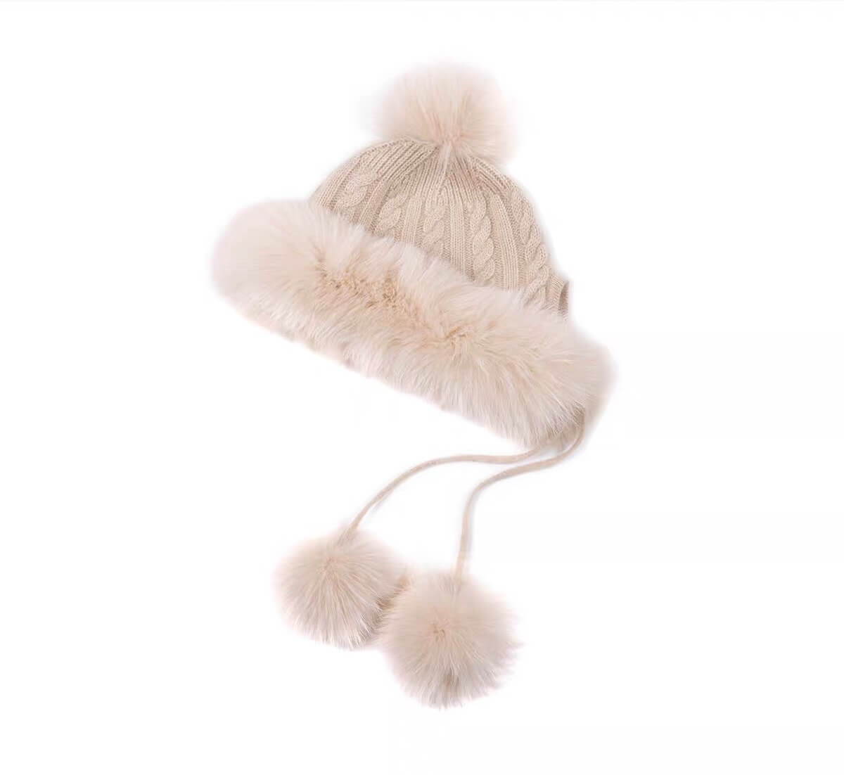 Luxury beige cashmere cable knit hat with fox fur pom pom