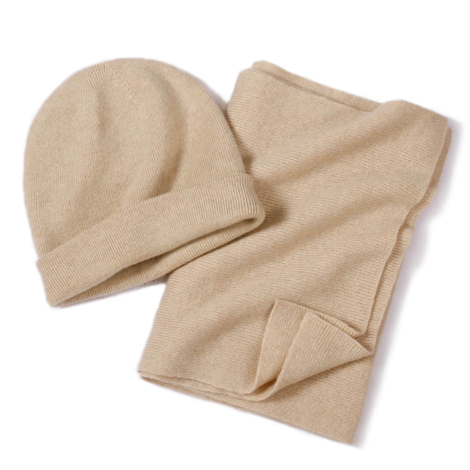 100% Cashmere Hat and Scarf Set Unisex Fine Rib Knit in beige