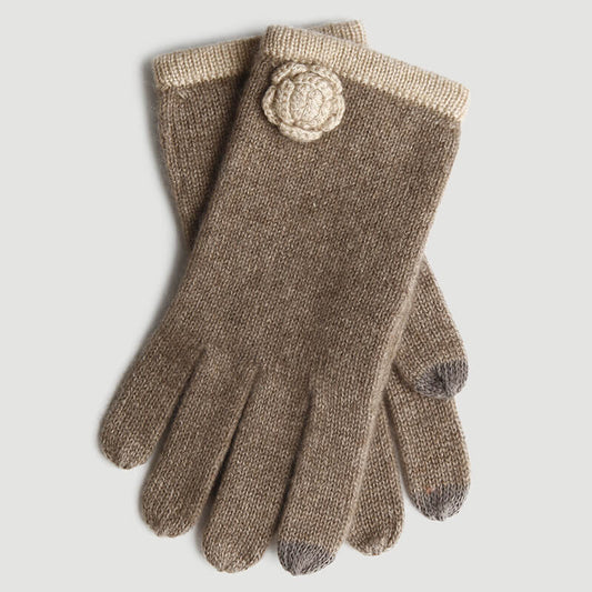 Luxurious 100% Cashmere Gloves for Women with Floral Wrist Detail in camel 