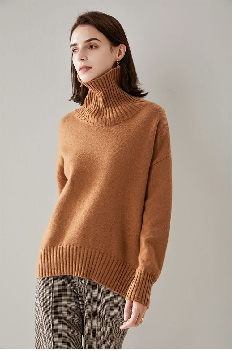 camel color Women's Cashmere Sweaters Women's Maxi Cashmere Turtleneck sweater