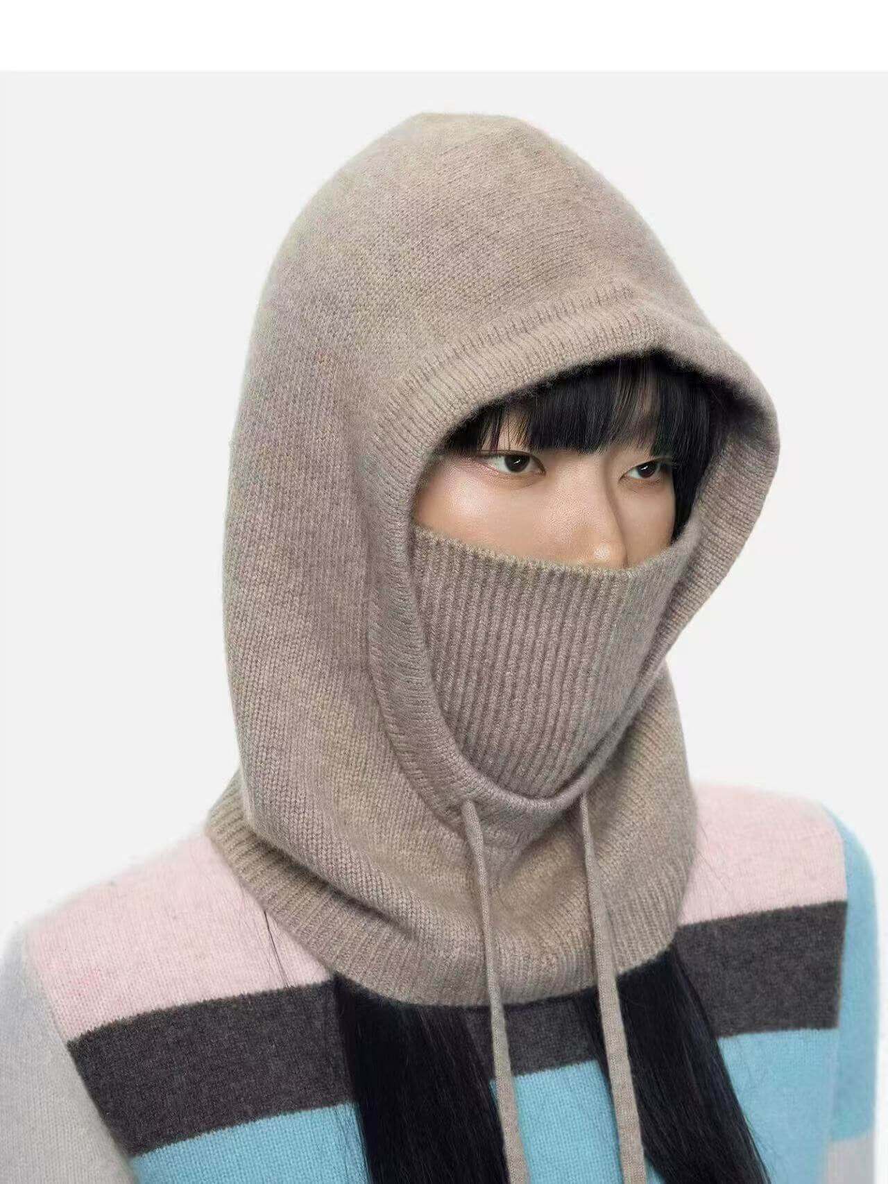 100% Cashmere Balaclava for Women – Thick Double-Knit Cashmere Hood Scarf with Adjustable Drawstring