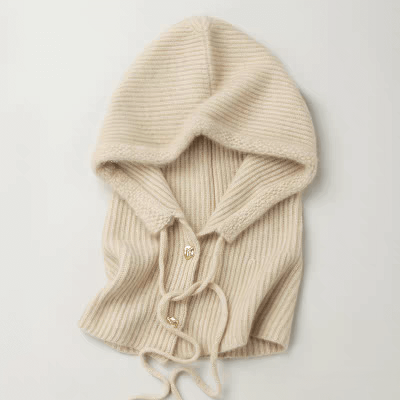 Women’s cashmere ribbed hoodie balaclava with gold buckles