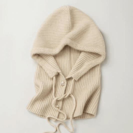 Women’s cashmere ribbed hoodie balaclava with gold buckles