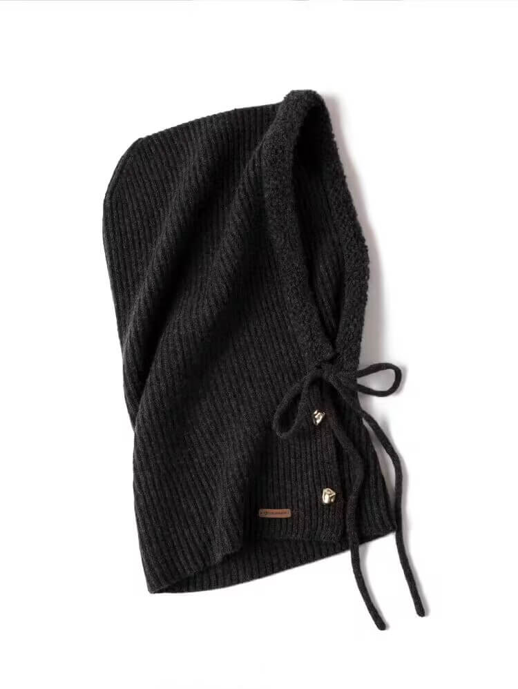 Women’s 100% Cashmere Ribbed Hoodie Balaclava with Gold Buckles in charcoal grey