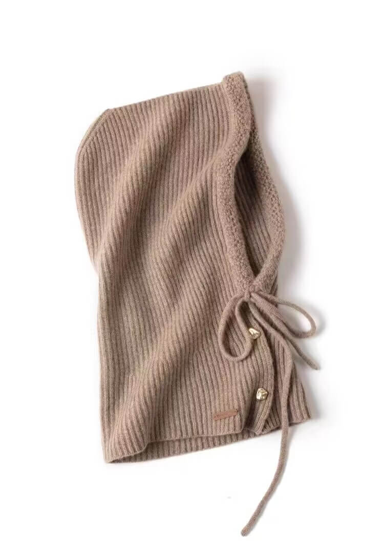 Women’s 100% Cashmere Ribbed Hoodie Balaclava with Gold Buckles in camel 