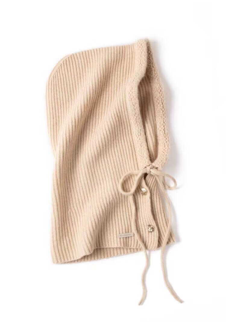 Women’s 100% Cashmere Ribbed Hoodie Balaclava with Gold Buckles in beige 