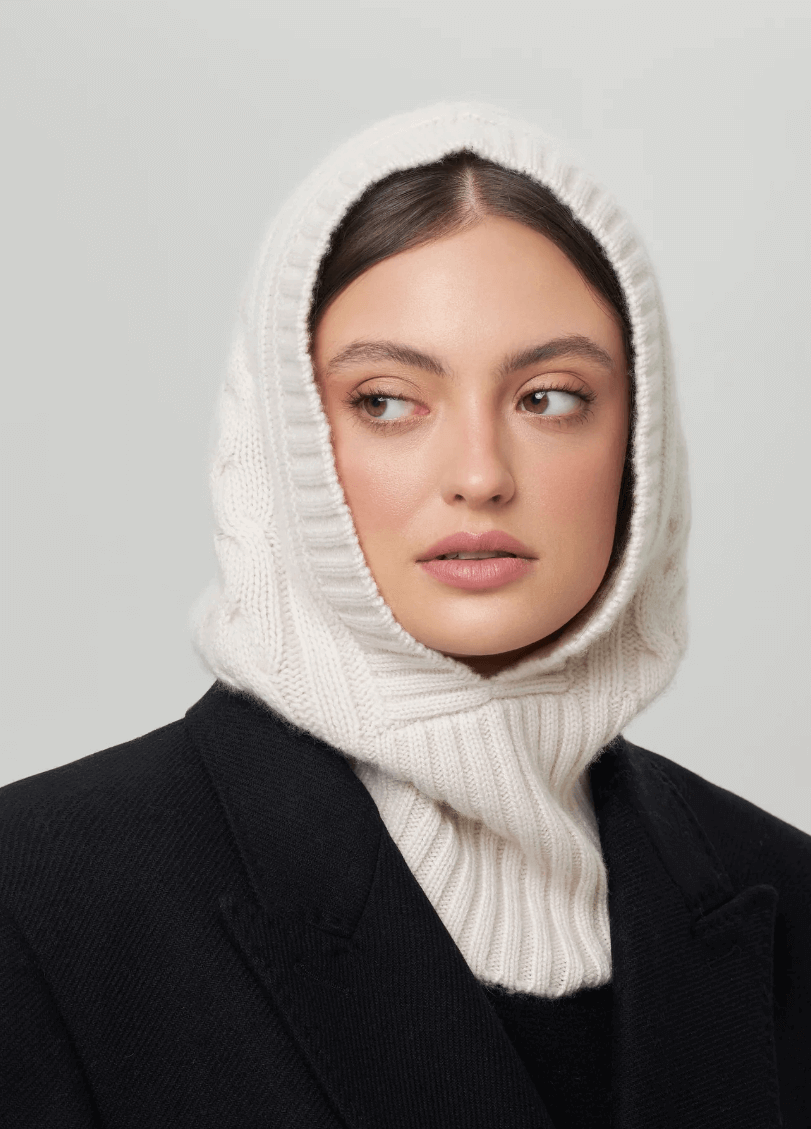 White cashmere balaclava hood and neck warmer unisex,	•	luxury cashmere winter accessories
	•	warm breathable cashmere balaclava